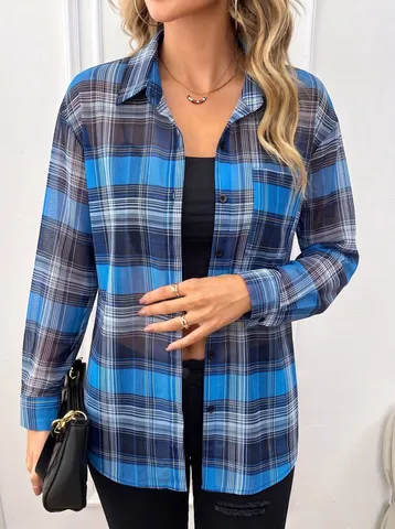 Plus Size Chiffon Plaid Sun Protection Shirt Women Summer Fashion Casual Mid-length Long Sleeve Button Up Top Outerwear