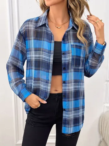 Plus Size Chiffon Plaid Sun Protection Shirt Women Summer Fashion Casual Mid-length Long Sleeve Button Up Top Outerwear