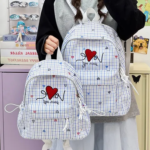 Sac à Dos Plaid Style Japonais Ins Pour Femmes Étudiantes Sac d'École en Nylon Imperméable Polyvalent Avec Broderie de Cœur Sac de Voyage