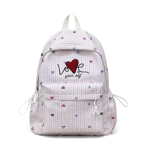 Japanischer Ins-Stil Karo Rucksack Für Mädchen Niedliche Herzstickerei Große Kapazität Nylon Schüler Schultasche