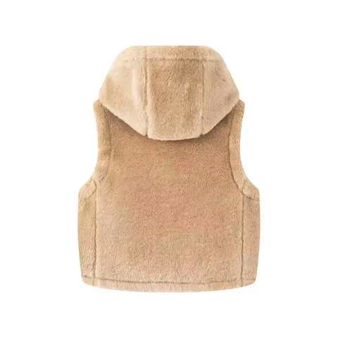 Women Hooded Faux Fur Vest Khaki Fleece Waistcoat With Toggle Buttons Sleeveless Warm Winter Outerwear Casual Street Style Top