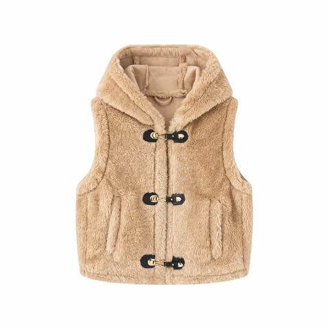 Women Hooded Faux Fur Vest Khaki Fleece Waistcoat With Toggle Buttons Sleeveless Warm Winter Outerwear Casual Street Style Top