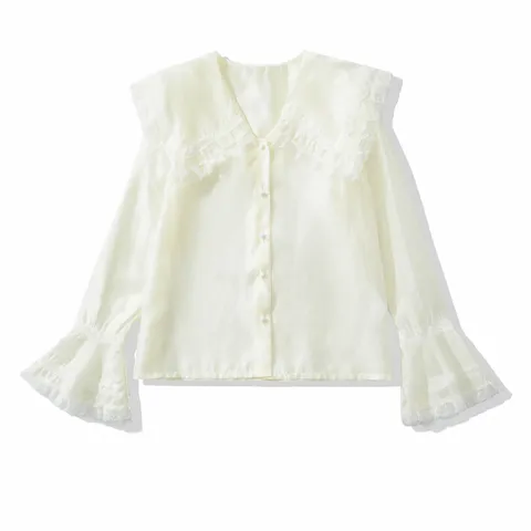 Women's French Vintage Lace Peter Pan Collar Blouse Elegant Patchwork Flare Sleeve Single-Breasted Commute Long Sleeve Top
