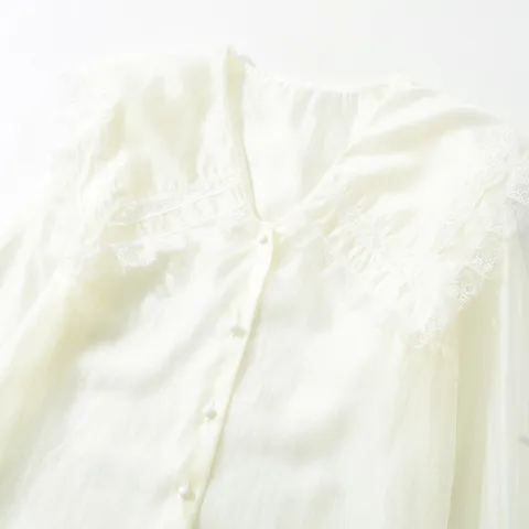 Women's French Vintage Lace Peter Pan Collar Blouse Elegant Patchwork Flare Sleeve Single-Breasted Commute Long Sleeve Top