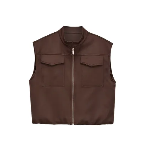 Women Casual Polyester Stand Collar Zipper Vest Sleeveless Jacket Loose Fit Outerwear With Pockets Fashion Daily Wear Top