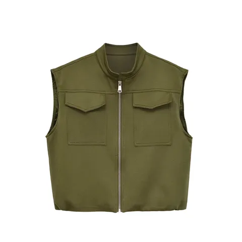 Women's Casual Cargo Vest Stand Collar Full Zip Sleeveless Outerwear Pocket Solid Color Polyester Fashion Streetwear