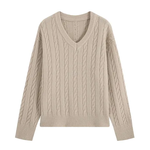 Women's Casual V-Neck Cable Knit Long Sleeve Pullover Sweater Solid Color Loose Fashion Tops