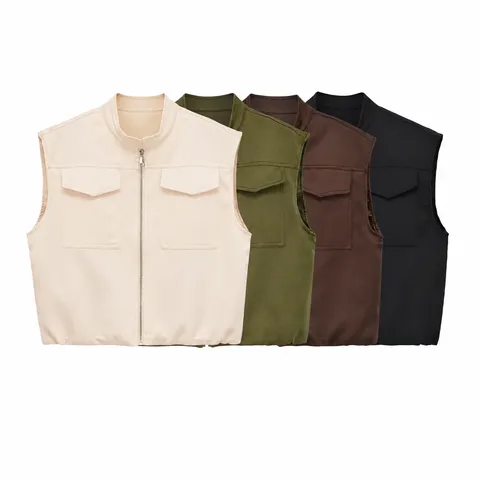 Women's Casual Cargo Vest Stand Collar Full Zip Sleeveless Outerwear Pocket Solid Color Polyester Fashion Streetwear