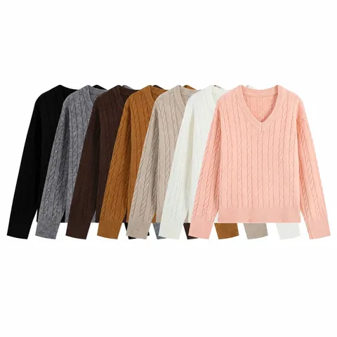 Women V Neck Long Sleeve Solid Color Knitted Sweater Casual Slim Fit Pullover Top Fashion Commuting Knitwear