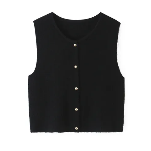 Women Casual Knit Vest Cardigan Solid Color Single-Breasted Crew Neck Sleeveless Sweater Top Elegant Commuter Fashion