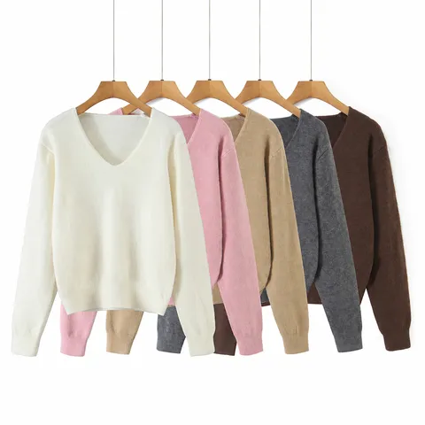 Γυναικείο Casual V-Neck Long Sleeve Sweater Solid Color Knit Pullover Slim Fit Basic Commuter Top