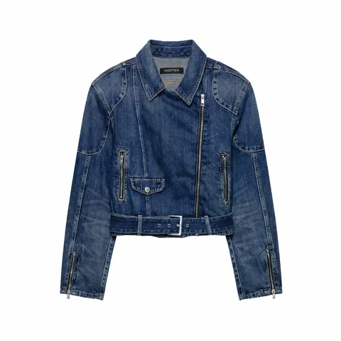 Dames Vintage Denim Motorjas Korte Bovenkleding Revers Lange Mouw Rits Met Riem Jas Lente Herfst Casual Mode