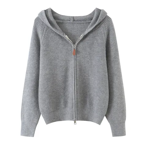 Dames Casual Met Capuchon Rits Cardigan Langermige Losse Gebreide Trui