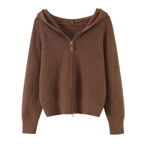 Women Casual Hooded Knit Cardigan Long Sleeve Full Zip Solid Color Sweater Basic Streetwear Outerwear Fashion Top