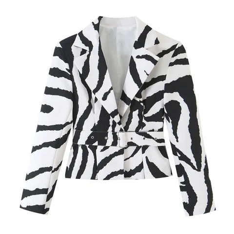 Damen Mode Zebramuster Casual Blazer Jacke Langarm Spitzrevers Offene Front Gürtel Oberbekleidung Streetwear