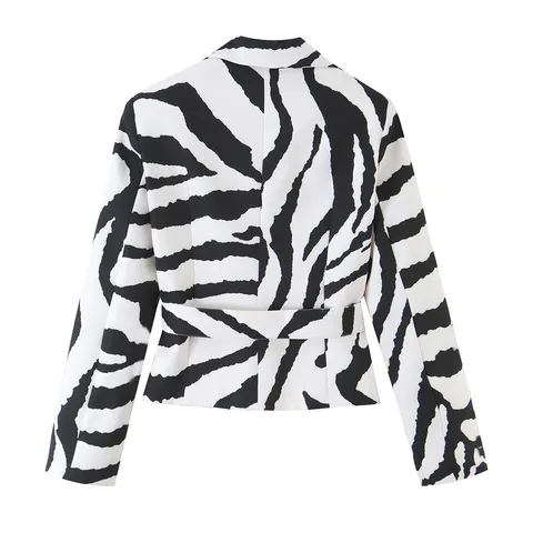 Damen Mode Zebramuster Casual Blazer Jacke Langarm Spitzrevers Offene Front Gürtel Oberbekleidung Streetwear