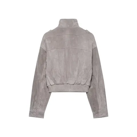 Giacca Corta in Finta Pelle Scamosciata con Collo alla Coreana Casual da Donna Manica Lunga con Cerniera e Tasca con Spalline