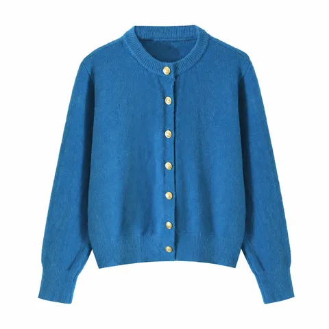 Dames Gebreid Vest Ronde Hals Lange Mouw Single-Breasted Gouden Knopen Slim Fit Polyester Gebreide Trui Top Voor Dagelijks Gebruik