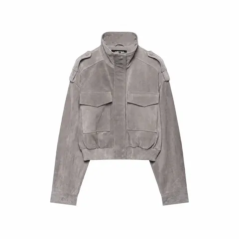 Giacca Corta in Finta Pelle Scamosciata con Collo alla Coreana Casual da Donna Manica Lunga con Cerniera e Tasca con Spalline