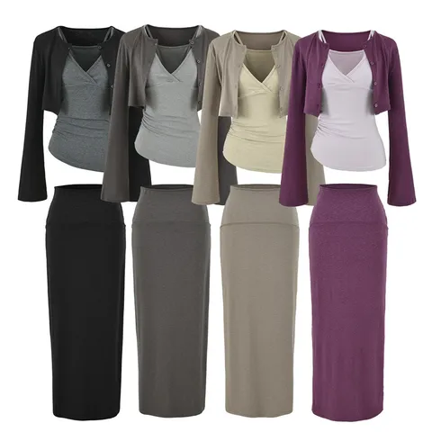 Women Casual Solid Color Long Sleeve Cardigan Camisole And Straight Midi Skirt Knitwear Set Fashion Outfit