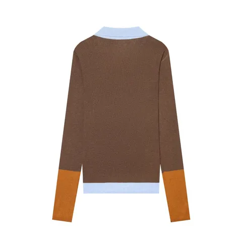 Γυναικείο Casual Μακρυμάνικο Color Block Ribbed Knit POLO Shirt Πέτο Monopetto Loose Pullover Sweater Top