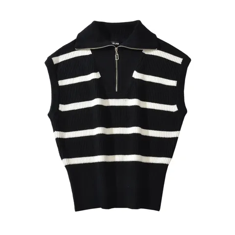 Dames Casual Revers Halve Rits Mouwloze Vest Effen Kleur Losse Gebreide Tanktop Mode Streetwear