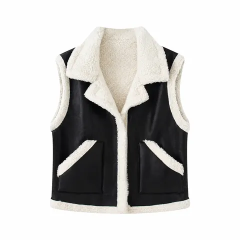 Gilet in Finta Pelle Foderato in Pile Casual da Donna Inverno Revers Senza Maniche Capospalla Tasca Bicolore Calda Giacca