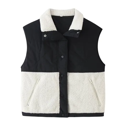 Damen Winter Freizeit Revers Lammwolle Spleißen Vest Gesteppt Ärmellos Jacke Einreiher Oberbekleidung