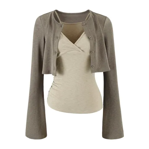 Dames Casual Katoenmix 3-Delige Set Ronde Hals Cardigan V-Hals Plissé Camisole Heupomsluitende Midi Rok