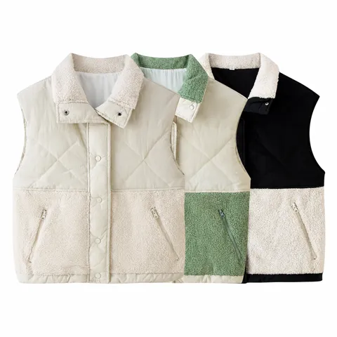 Damen Winter Freizeit Revers Lammwolle Spleißen Vest Gesteppt Ärmellos Jacke Einreiher Oberbekleidung