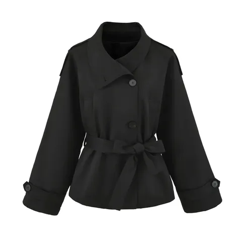Women Casual Solid Color Lapel Single Breasted Long Sleeve Short Trench Coat Loose Belted Chic Fashion Outerwear