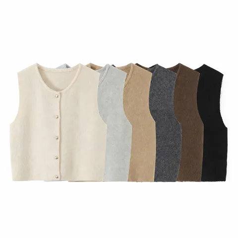Women Casual Knit Vest Cardigan Solid Color Single-Breasted Crew Neck Sleeveless Sweater Top Elegant Commuter Fashion