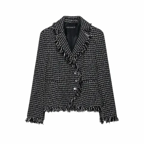 Dames Vintage Tweed Blazer Jas Lange Mouw Enkelknoops Reverskraag Franjes Casual Bovenkleding