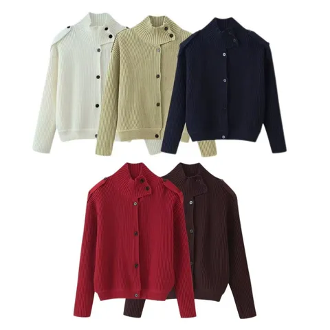 Women's Casual Stand Collar Long Sleeve Ribbed Knit Cardigan Solid Color Single-Breasted Button Up Fashion Sweater Outerwear