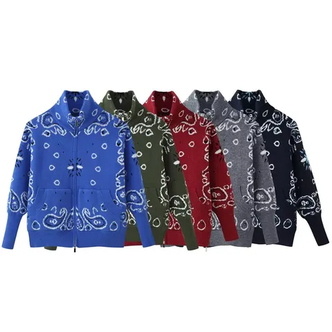 Women's Casual Stand Collar Long Sleeve Zipper Cardigan Sweater Retro Paisley Geometric Print Loose Knit Outerwear Jacket