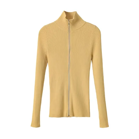 Chaqueta de Punto Acanalado con Cremallera Manga Larga Cuello Cisne Casual para Mujer Color Sólido Ajustado