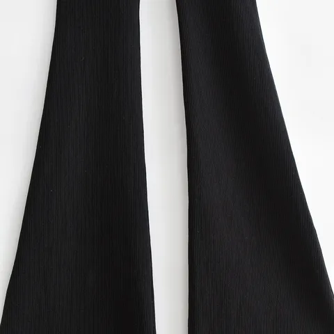 Women's Sexy V-Neck Half Zipper Long Sleeve Ribbed Knit Jumpsuit Slim Fit Casual Solid Color Flared Pants Romper