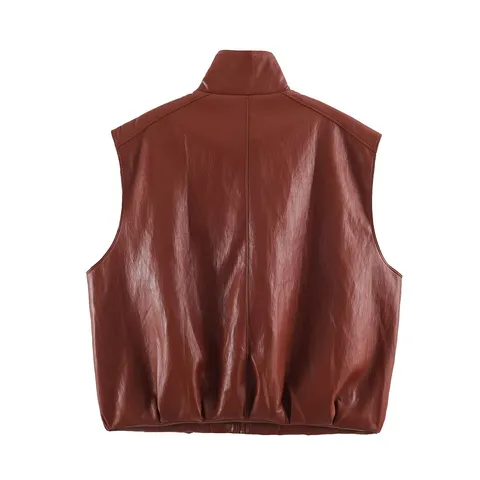 Gilet in Pelle PU Senza Maniche con Collo alla Coreana da Donna Casual con Cerniera Tasche Cappotto Moda Streetwear Tinta Unita