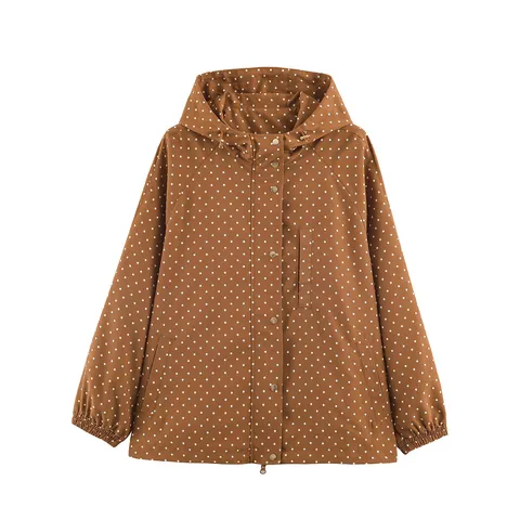 Women's Casual Polka Dot Hooded Trench Coat Long Sleeve Zip Up Loose Outerwear Fashion Commuter Windbreaker Jacket