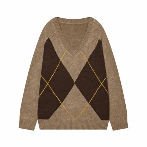 Pull en Tricot à Manches Longues Motif Argyle Vintage pour Femmes Pullover Décontracté Haut en Polyester
