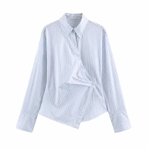 Women's Casual Long Sleeve Blouse Elegant Turn-Down Collar Single-Breasted Loose Fit Striped Shirt Top
