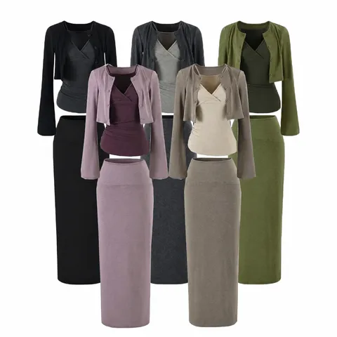 Dames Casual Katoenmix 3-Delige Set Ronde Hals Cardigan V-Hals Plissé Camisole Heupomsluitende Midi Rok