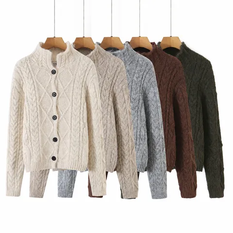 Dames Casual Revers Kabeltricot Cardigan Trui Jas Effen Kleur Enkelrijig Lange Mouw Top