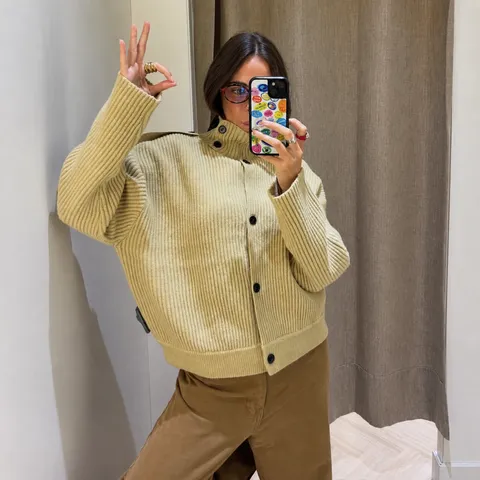 Women's Casual Stand Collar Long Sleeve Ribbed Knit Cardigan Solid Color Single-Breasted Button Up Fashion Sweater Outerwear