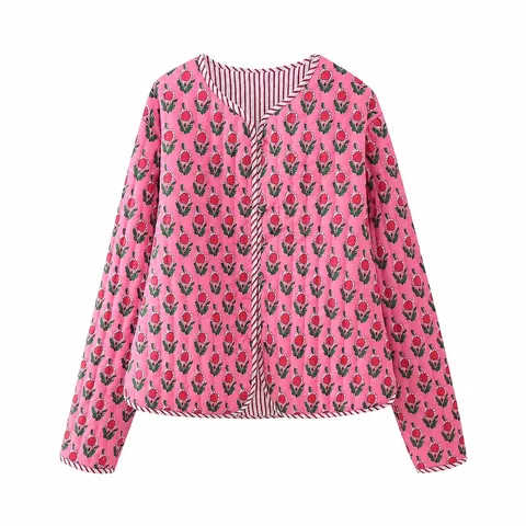 Damen Casual Blumen Bedruckt Gesteppt Baumwolle Gepolsterte Jacke V-Ausschnitt Langarm Einreiher Pendler Oberbekleidung