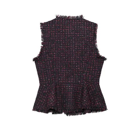 Women's Casual Tweed Vest Sleeveless Metallic Thread Fringe Trim Crop Top Gold Button Open Front Elegant Outerwear