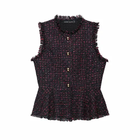 Women's Casual Tweed Vest Sleeveless Metallic Thread Fringe Trim Crop Top Gold Button Open Front Elegant Outerwear