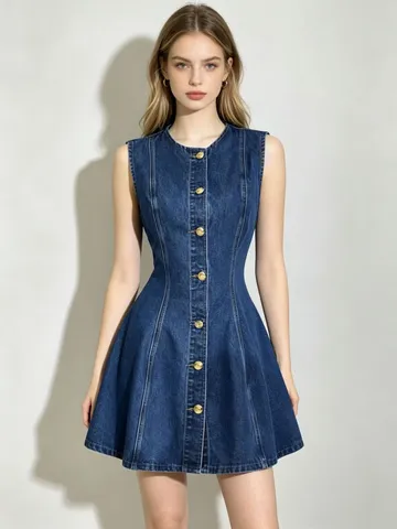 Vestido Corto Casual de Color Sólido Sin Mangas Cuello Redondo Botón Metálico Corte Ajustado Moda de Verano