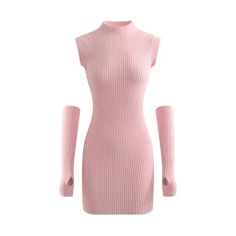 Sexy Half High Collar Bodycon Knitted Dress Women Long Sleeves Set Slim Elastic Spicy Girl Mini Dress Casual Party Outfit