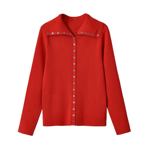 Women Fashion Casual Knit Cotton Cardigan Lapel Long Sleeve Button Decor Slim Fit Streetwear Top Soft Knitwear Sweater